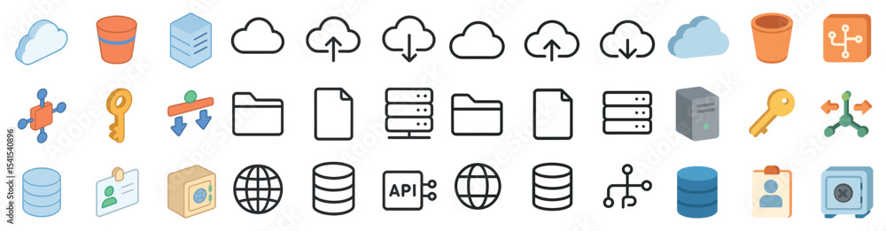 Poster cloud computing outline icons set - flat, network, digital data storage symbols