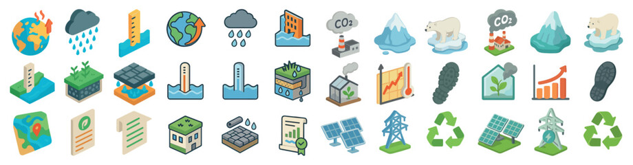Climate and environment isometric icons set &ndash; eco, green, sustainability symbols