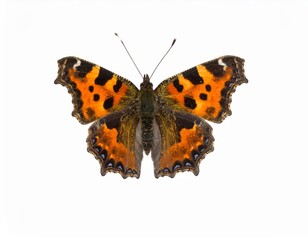 Fototapeta premium Colored butterfly close view over white background, no shadow