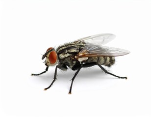 Fly close view over white background, no shadow