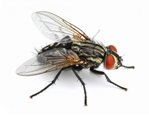 Fly close view over white background, no shadow