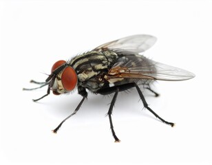Fototapeta premium Fly close view over white background, no shadow