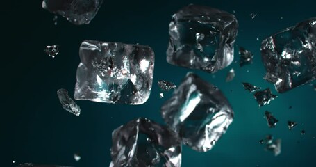 Super Slow Motion Close Up of Flying Ice Cubes with Splashes and Shards on a Dark Blue Background. Frozen Crystals Suspended in Air, Refreshing Cold Beverage Cocktails at 1000 fps.  - Powered by Adobe