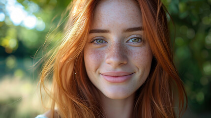Fototapeta premium Beautiful ginger-haired girl with natural makeup, outdoor portrait, warm sunlight, authentic expression, natural lighting