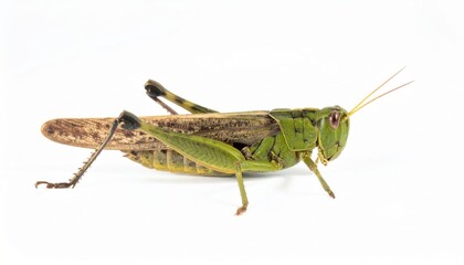 Fototapeta premium Grasshopper close view over white background, no shadow