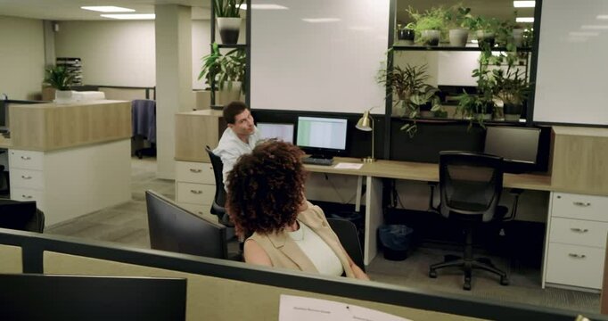 Man reacting to positive chart, raising arms and grinning at coworker in office grabbing briefcase