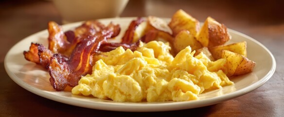 The delicious breakfast plate featuring scrambled eggs and crispy bacon.