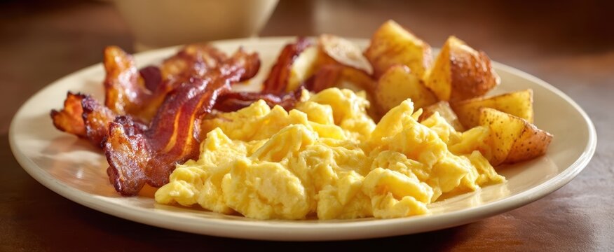 The delicious breakfast plate featuring scrambled eggs and crispy bacon.