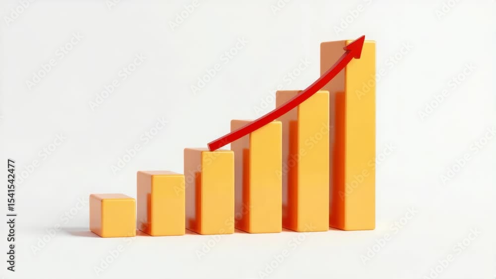 Poster an orange 3d bar graph with a red upward arrow indicates growth and positive progress on a white bac