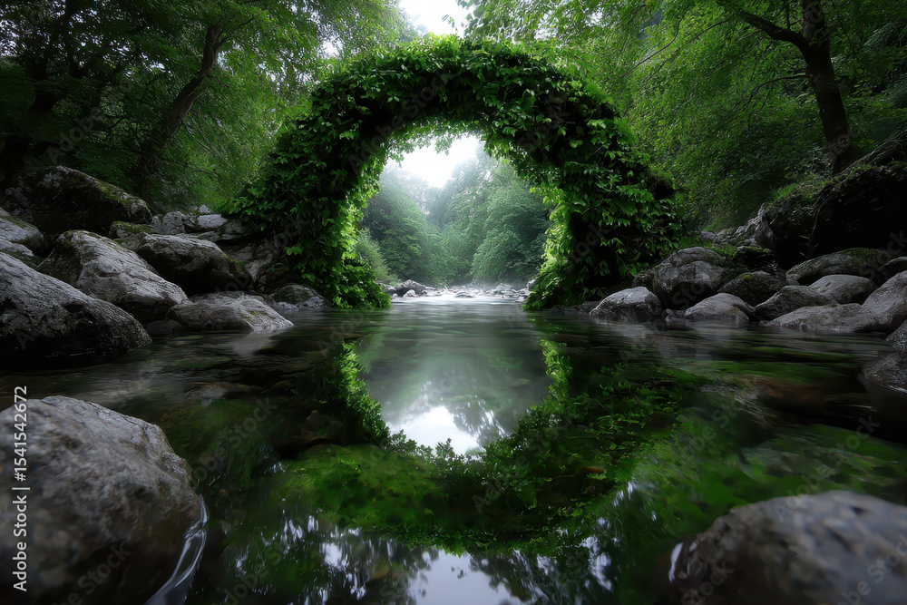 Aufkleber serene river scene with lush archway of greenery in a tranquil forest setting