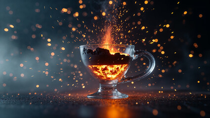 Burning ground coffee with sparks erupting in glass cup, dramatic and surreal beverage presentation