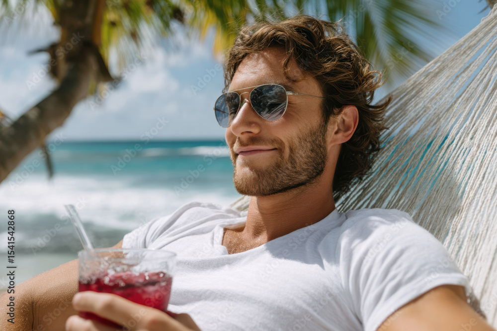 Poster enjoying a cool drink while relaxing in a hammock on a sunny beach