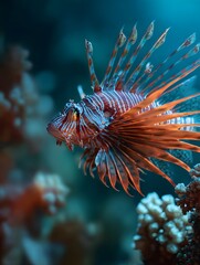 Vibrant lionfish swimming gracefully among colorful coral reefs in a serene underwater scene