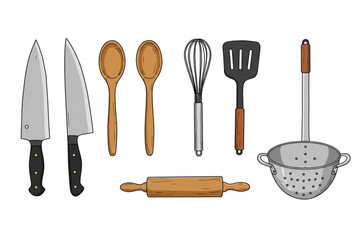 Delightful Kitchen Utensil Set Perfect for Cooking Blogs Websites and Recipe Books  A charming collection of hand-drawn culinary tools