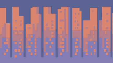 Pixelated buildings glow above abstract urban skyline dusk