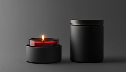 Two black candle containers, one with a lit red candle