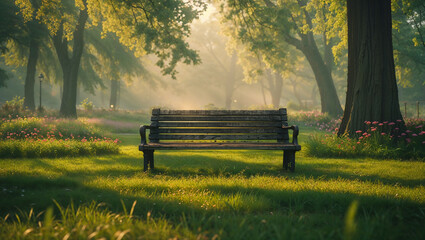 Empty bench inviting to relax in peaceful green park at sunrise