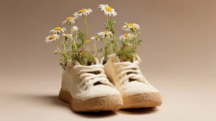 Creative gardening concept with old sneakers filled with flowers and greenery displayed on a neutral background