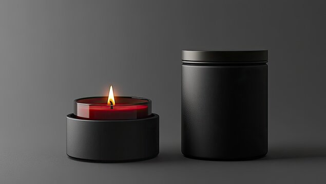 Two black candle containers, one with a lit red candle