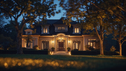Luxurious house illuminating the night with warm lights and surrounded by trees
