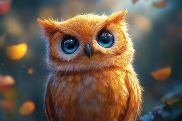 Colorful owl perched in a lush forest during autumn