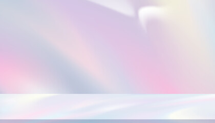 Pastel background,Prism texture with white light backdrop,Studio room and gradient rainbow pink,blue light hologram with 3D podium for digital product template