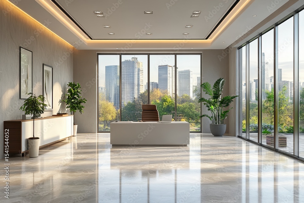 Poster modern office interior featuring large windows with city views and elegant design elements in a calm