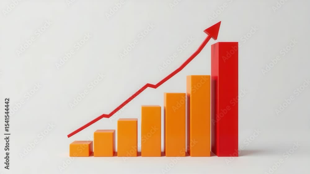 Aufkleber a 3d bar graph with rising columns and a red upward arrow indicating growth or increasing trends.