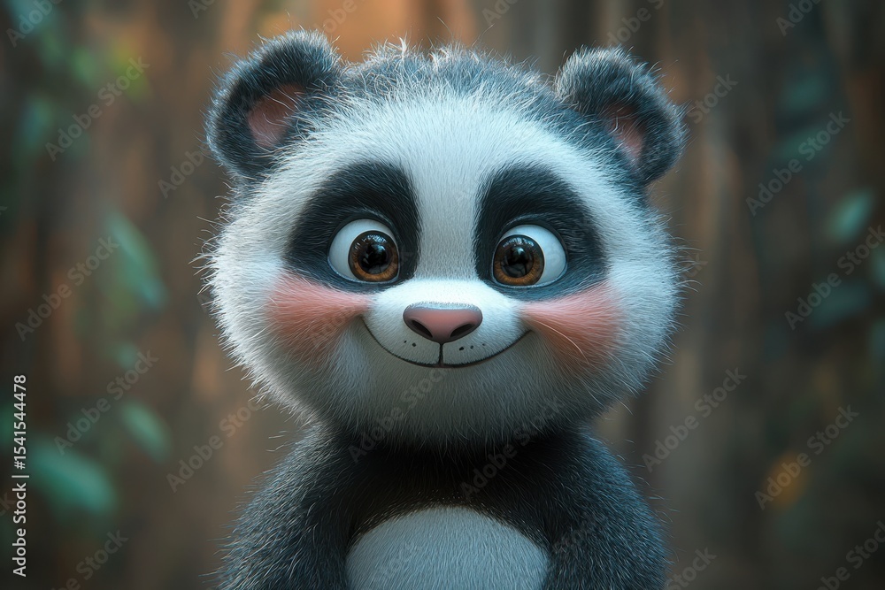 Poster cute animated panda character smiling in a forest setting during daylight