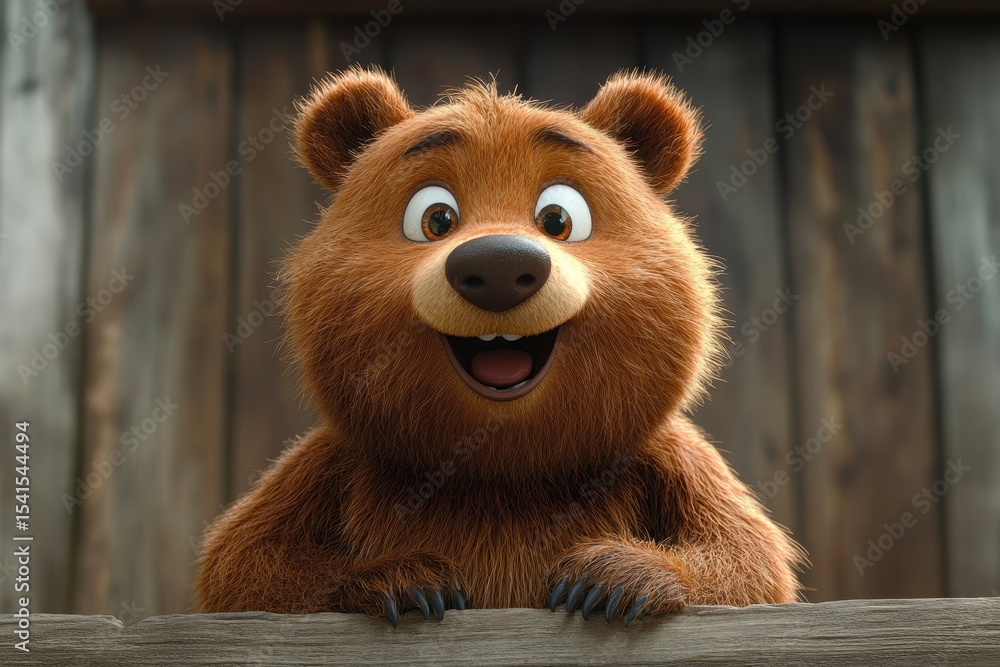 Poster cheerful animated bear character smiling in a playful setting