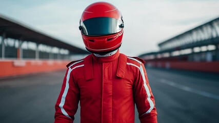 A race car driver stands confidently in a red suit  and helmet with arms crossed at a racing circuit, ready for competition