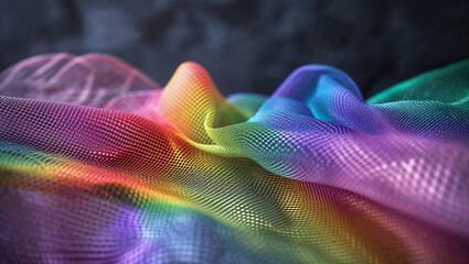 Rainbow colored mesh fabric flowing on dark background