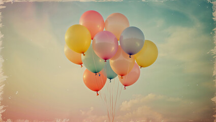 Colorful balloons floating in a retro styled sky
