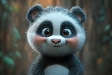 Obraz premium Cute animated panda character smiling in a forest setting during daylight