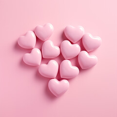 Pink glossy heart figures are arranged in a heart shape. Heart-shaped jewelry figures. Pink hearts on a pastel pink background