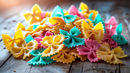 Colorful farfalle pasta creating a vibrant culinary scene on rustic wooden table