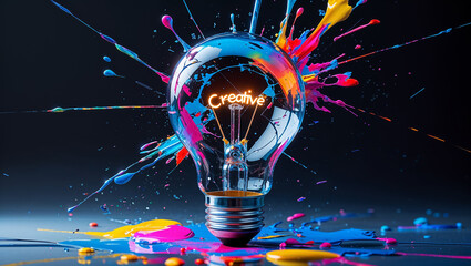 Light bulb exploding with colorful paint splashing, showing creative lettering, innovation concept