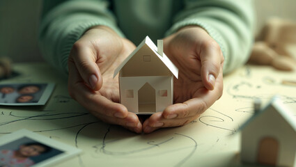 Woman protecting paper house model with family photos nearby symbolizing home protection