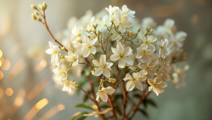 Delicate white flowers blooming on branches, creating a serene ambiance