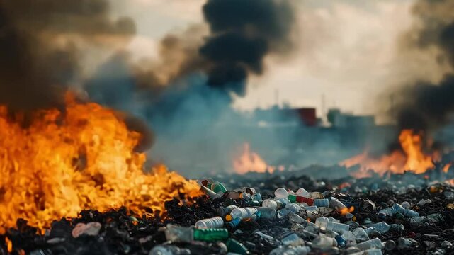 Flames consume plastic waste in an industrial setting, creating heavy smoke that billows into the air
