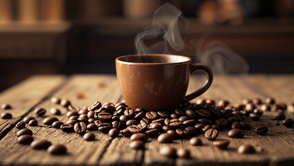 Steaming cup of coffee sitting on roasted coffee beans on rustic wooden table