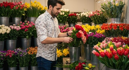 Young man arranging colorful flowers in a vibrant floral shop, surrounded by various blooms