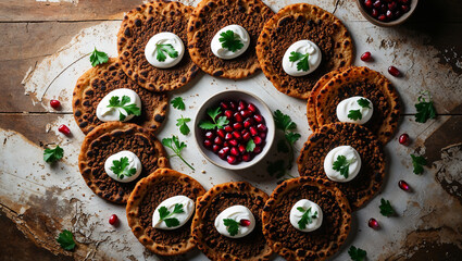 Delicious traditional flatbreads with toppings arranged on rustic table