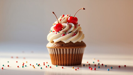 Delicious cupcake decorated with cream, cherries and colored sprinkles