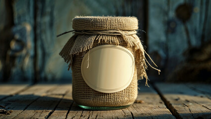Preserving jar wrapped in burlap with blank label on rustic wooden table