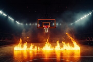 Burning basketball court with flames under basketball hoop in dark and dramatic stadium setting