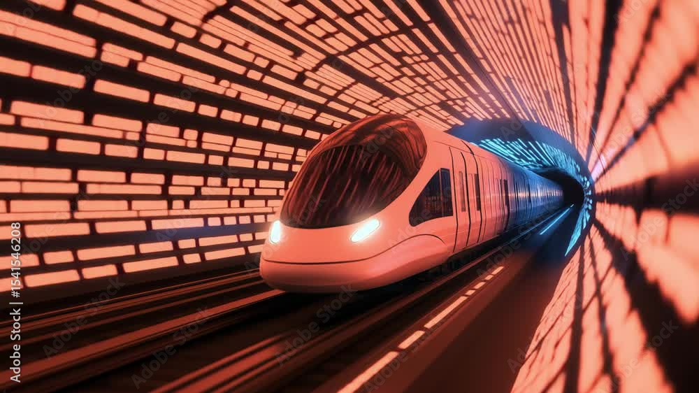 Poster a train speeds through a glowing digital tunnel, displaying dynamic patterns of lights on its journe