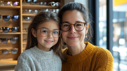 Happy Mother and Daughter Trying on Glasses at Optical Store
