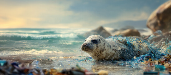 Distressed seal is entangled in plastic waste along shoreline, surrounded by ocean waves and debris. Urgent environmental crisis of marine pollution, urging action for wildlife conservation.