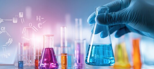 The hand holding a blue flask surrounded by colorful laboratory glassware.